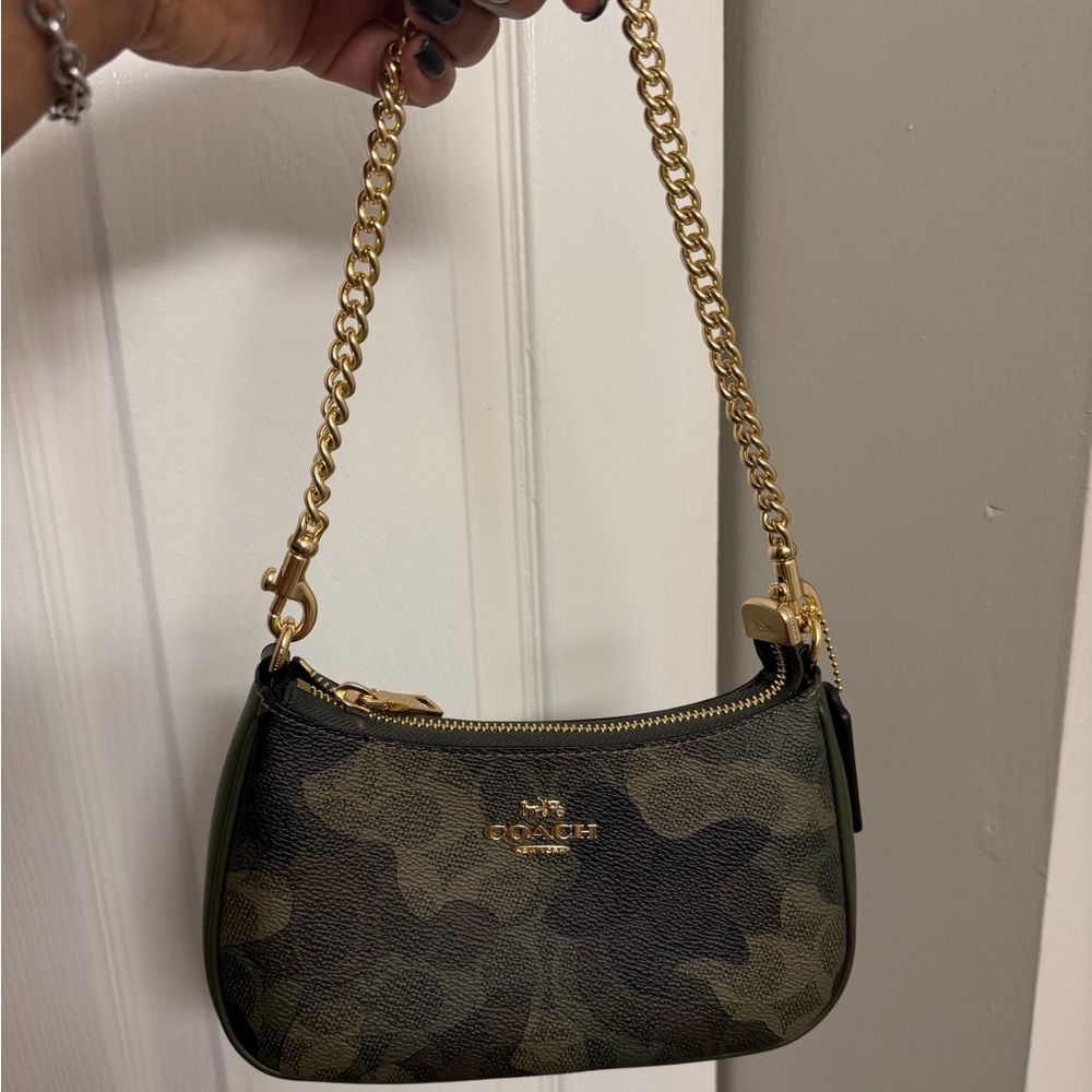 Coach Green Camo Mini Chain Shoulder Bag with Gold Hardware